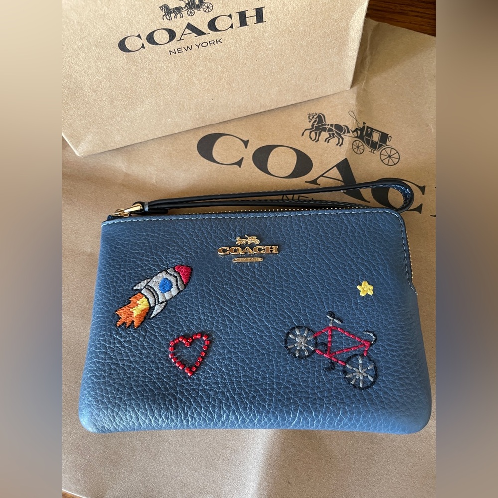Coach Blue Leather Wristlet with Colorful Embroidered Patches